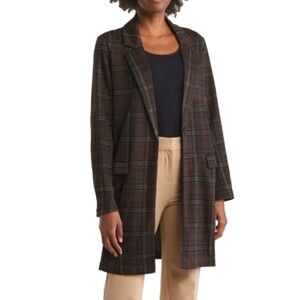 Sanctuary Brown/Black/Cream Plaid Longline Blazer/Coat Size L Lapel One Button